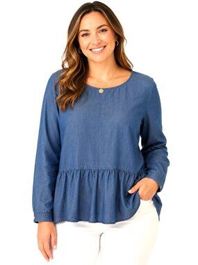 LOFT Blue Chambray Peplum Top Women's M Button Back Long Sleeve Lyocell-Linen